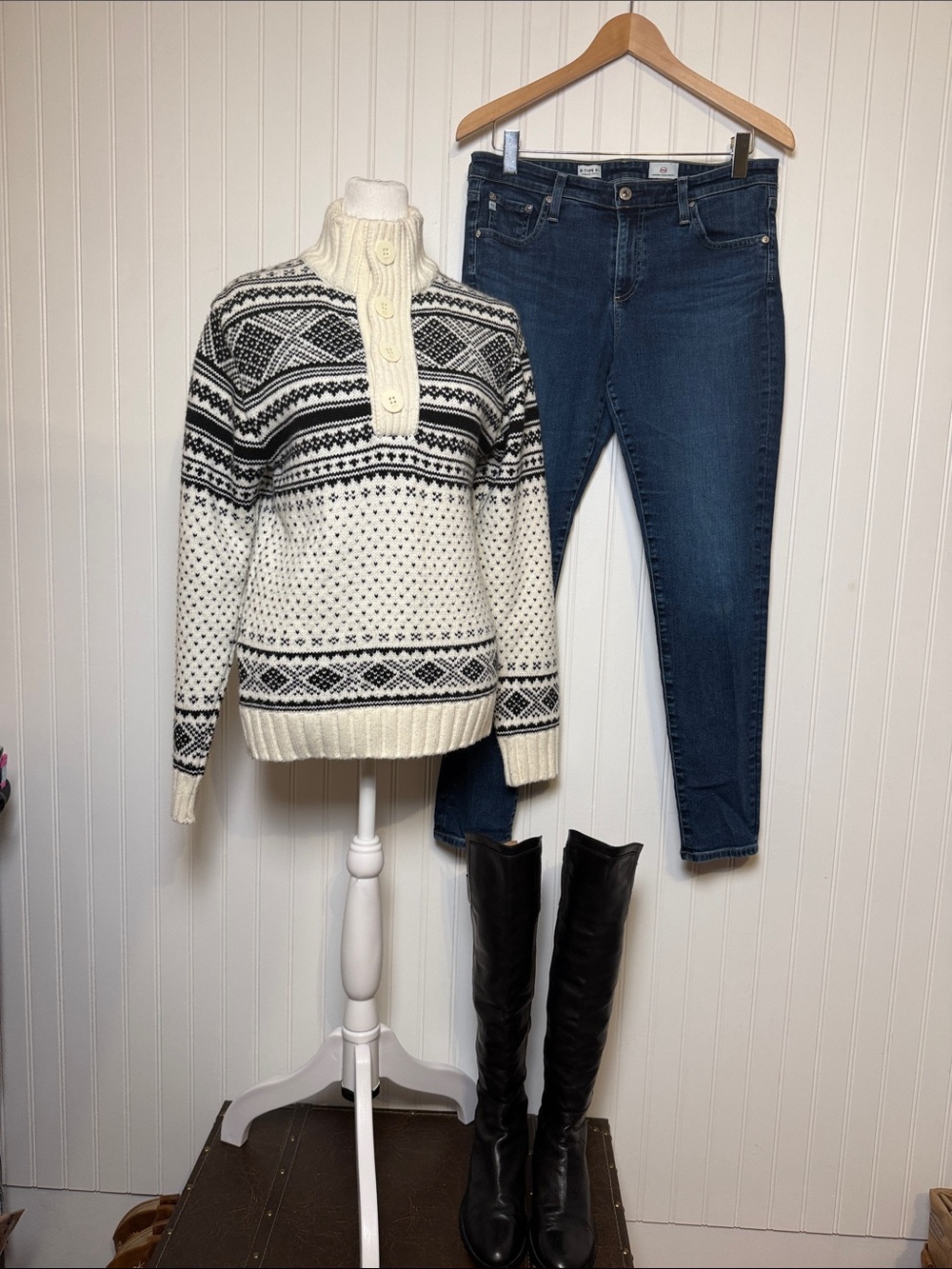 Cream and Black Nordic Button-Neck Women's Sweater